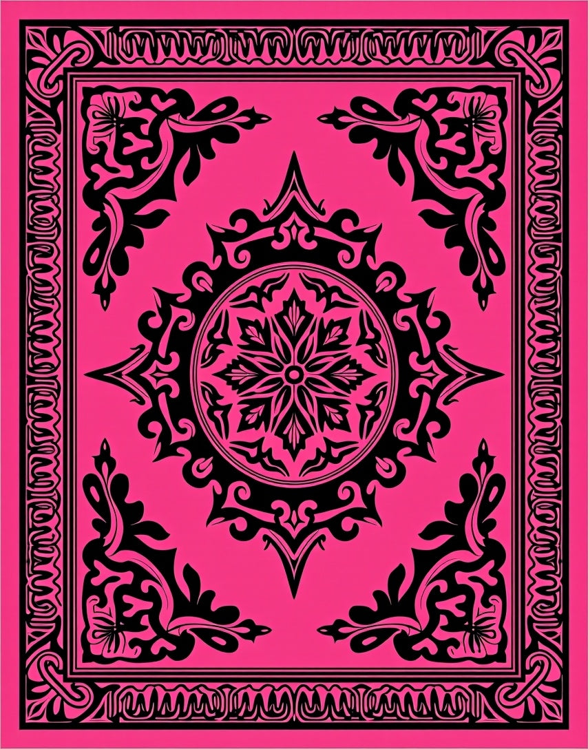 Hot Pink Black Floral Medallion Frame Rug