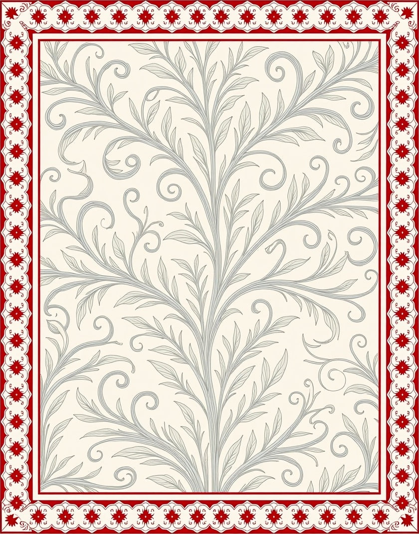 Cream Red Floral Vine Scroll Rug