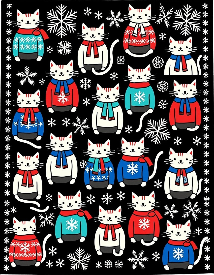 Whimsical Cats Snowflake Sweaters Black Rug