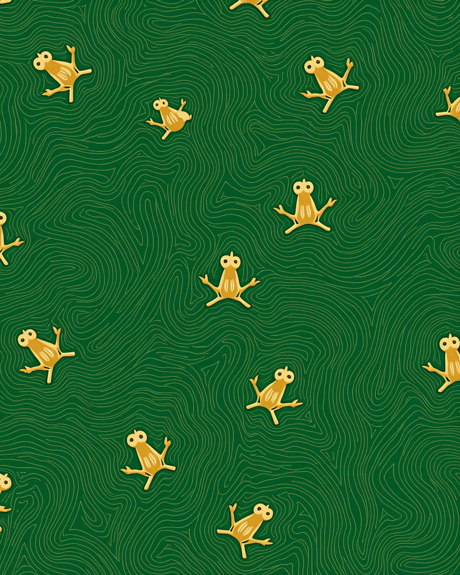 Golden Frogs on Winding Green Background Rug