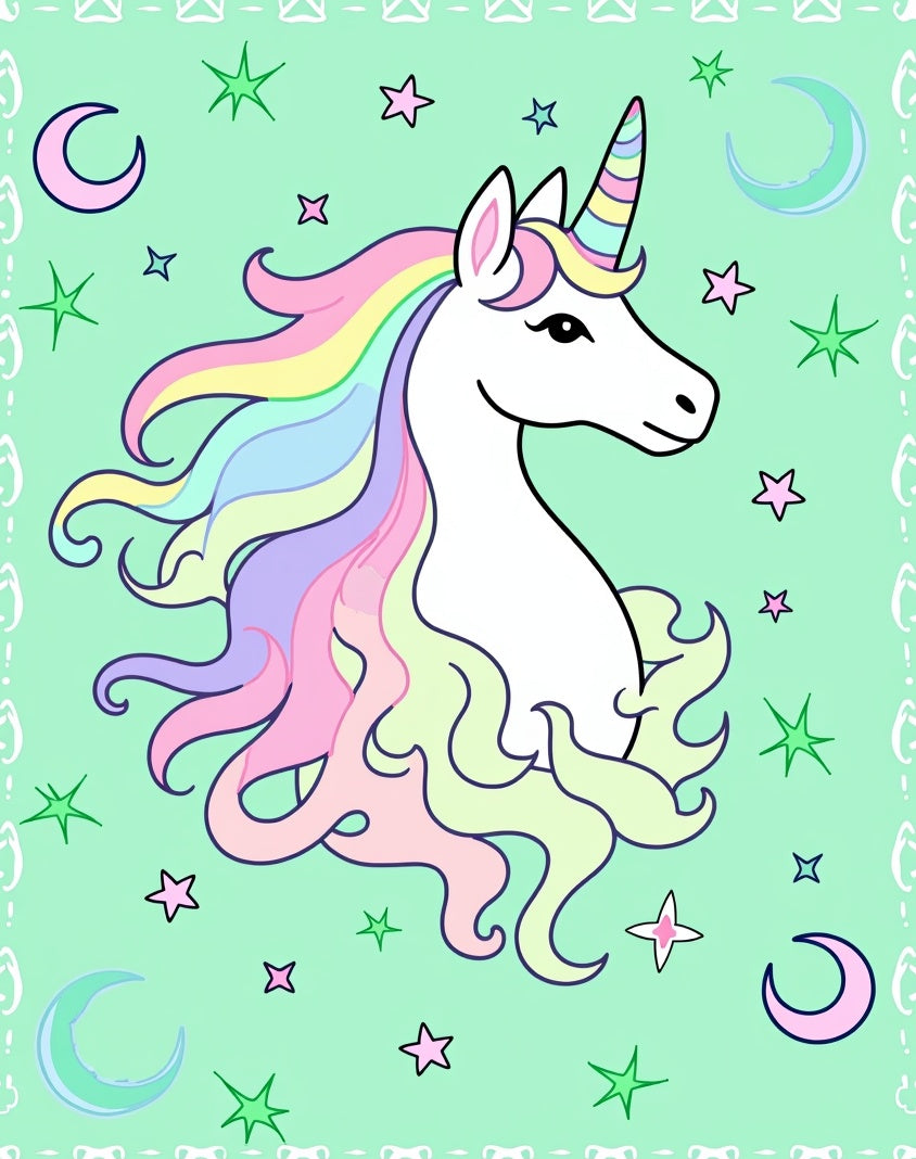 Pastel Unicorn Stars Crescents Green Rug