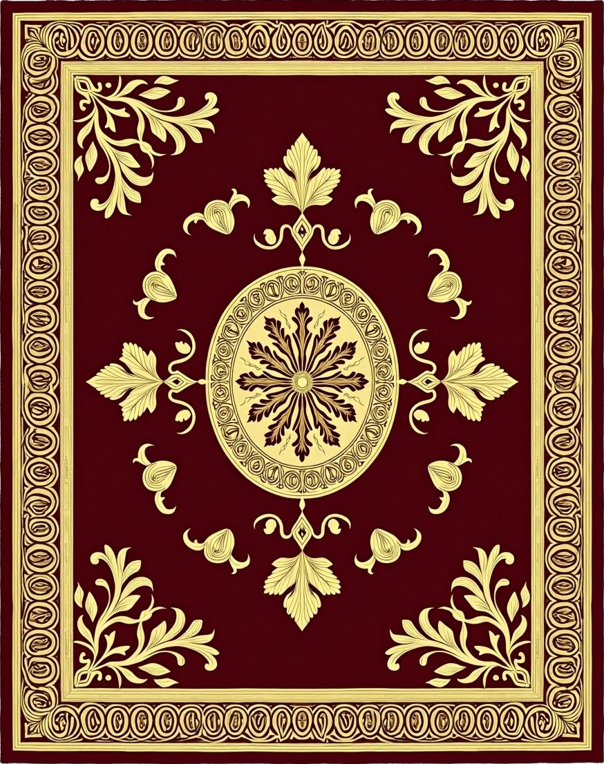 Burgundy Gold Floral Medallion Accents Rug
