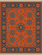 Orange Teal Medallion Floral Border Rug