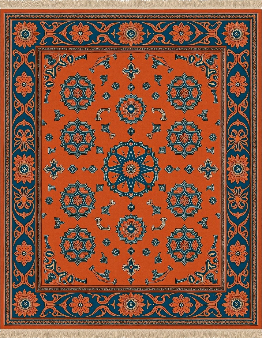 Orange Teal Medallion Floral Border Rug