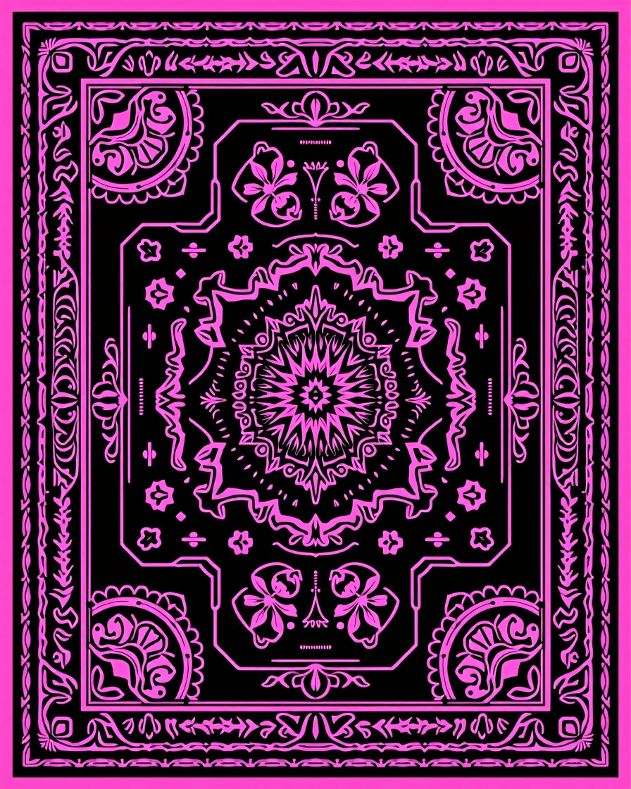 Vibrant Pink Black Medallion Paisley Rug