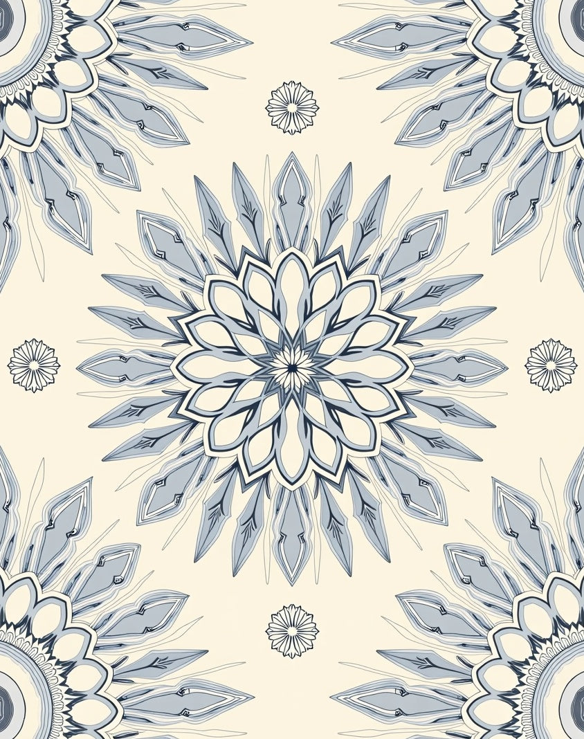 Cream Blue Radial Floral Starburst Rug