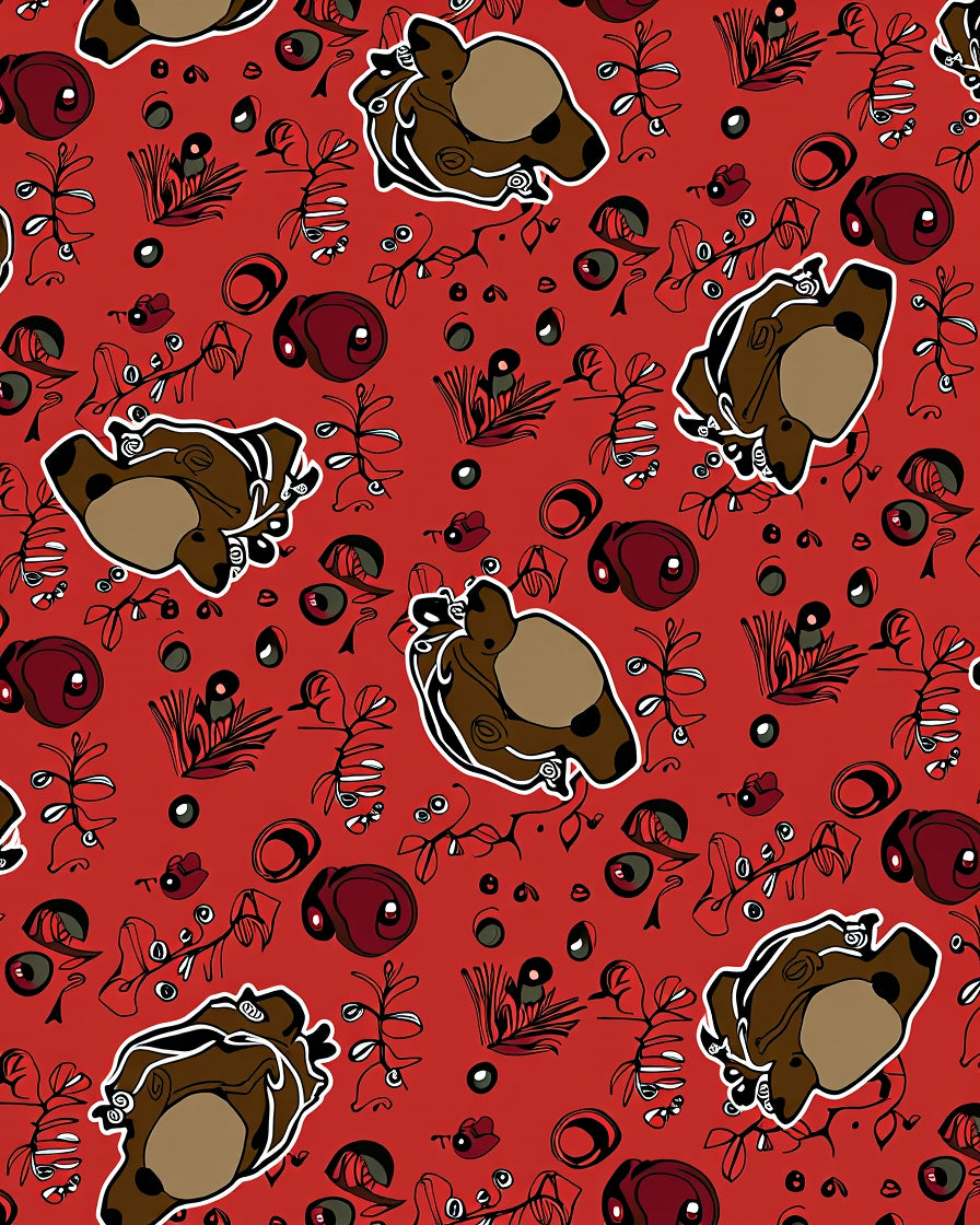 Red Brown Bear Whimsical Botanical Art Rug