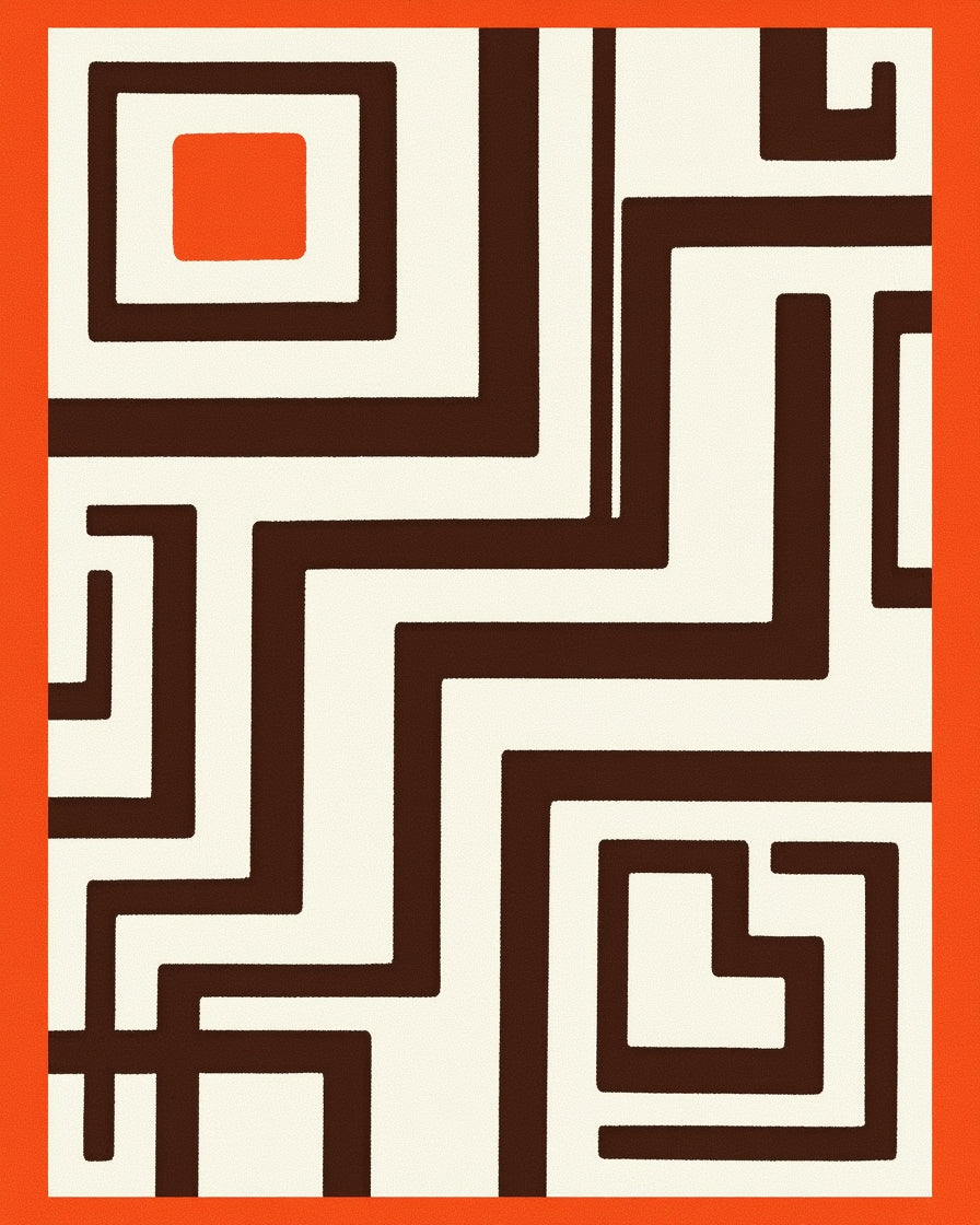 Retro Orange Brown Geometric Maze Rug
