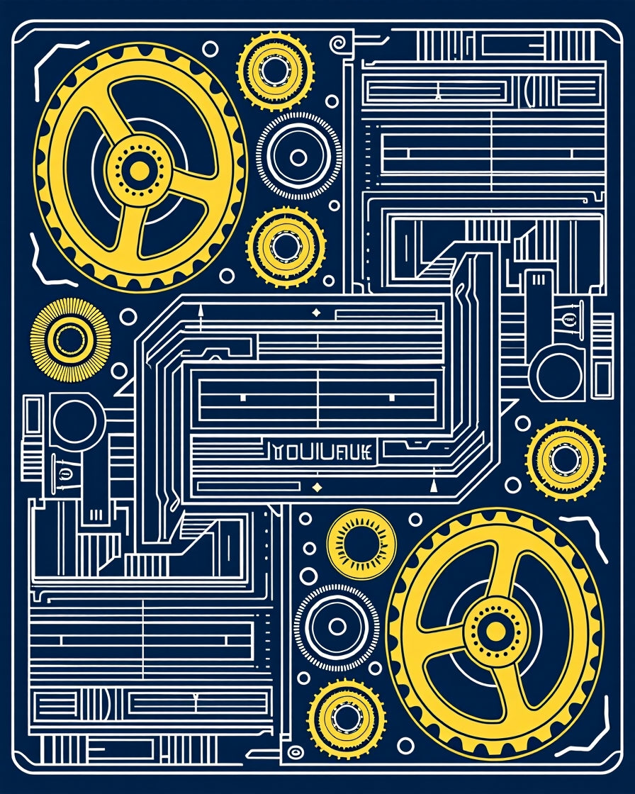 Dark Blue Yellow Industrial Gearwork Rug
