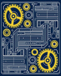 Dark Blue Yellow Industrial Gearwork Rug