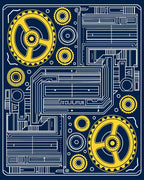 Dark Blue Yellow Industrial Gearwork Rug