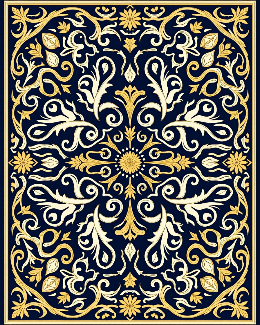 Elegant Navy Gold Floral Medallion Rug