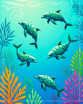 Aqua Dolphins Coral Reef Scene Rug