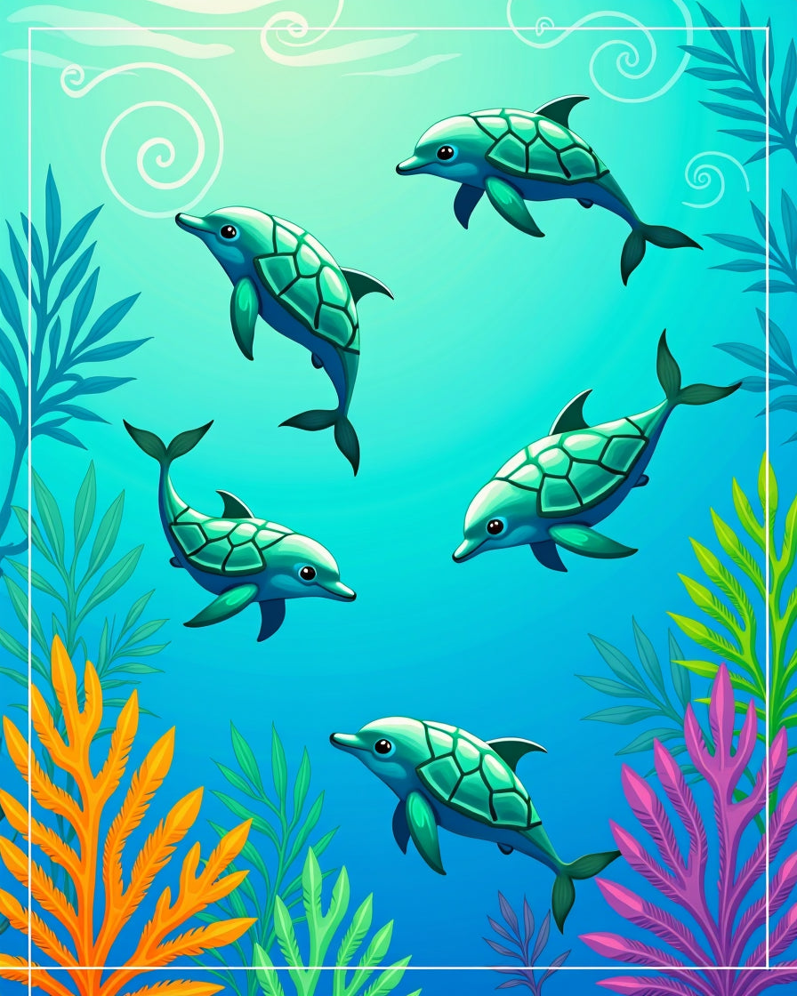 Aqua Dolphins Coral Reef Scene Rug