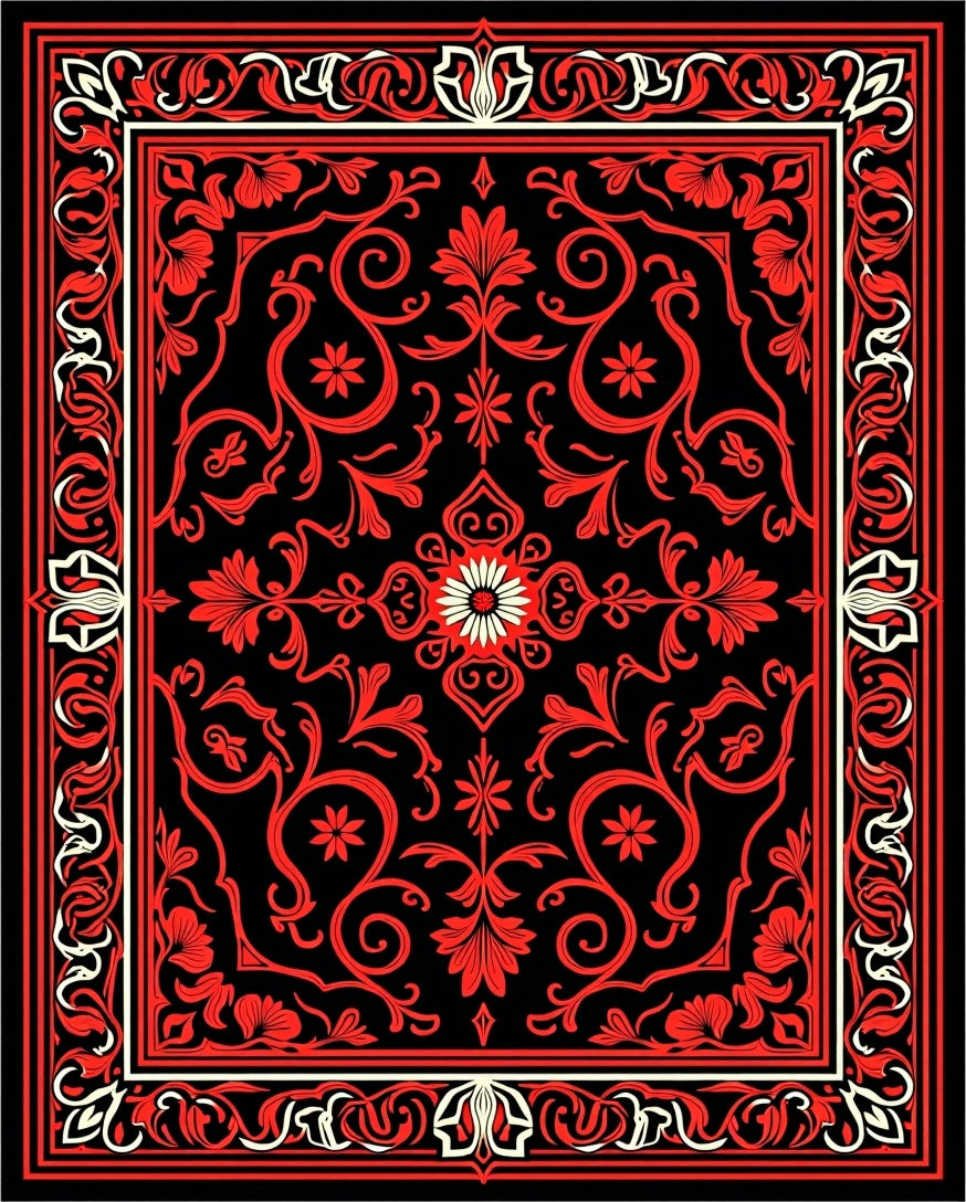 Red Black Floral Scroll Medallion Rug