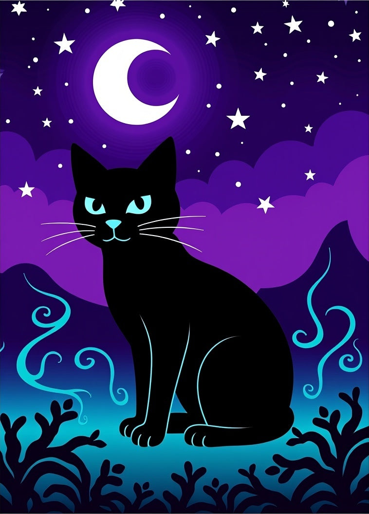 Mystic Black Cat Crescent Moon Night Rug