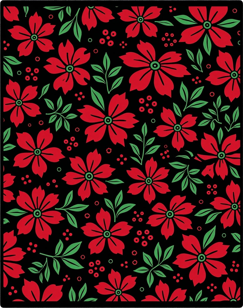 Bold Red Floral Garden Black Rug