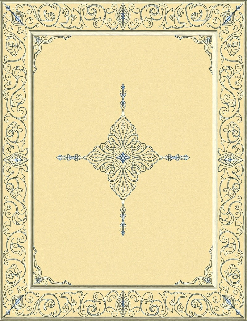 Cream Blue Scrollwork Medallion Border Rug