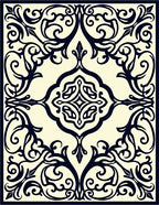 Ornate Indigo Floral Scrollwork Ivory Rug