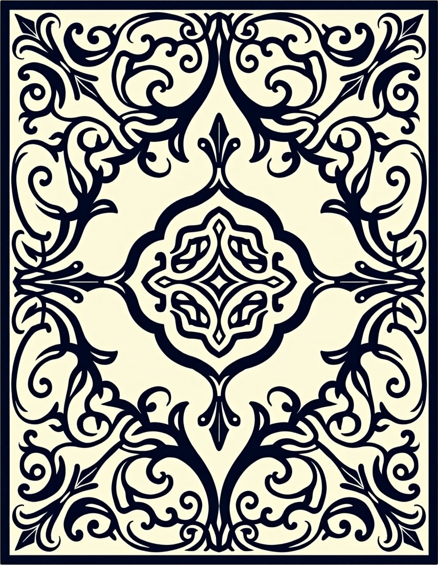 Ornate Indigo Floral Scrollwork Ivory Rug