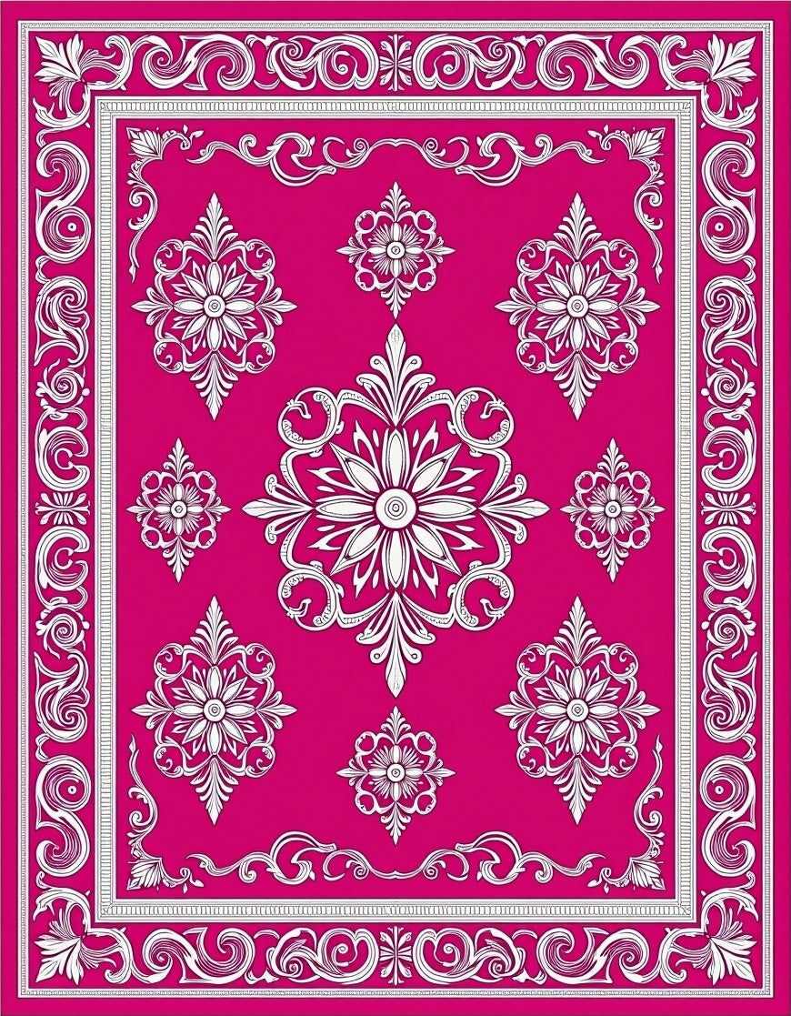 Fuchsia White Floral Filigree Border Rug