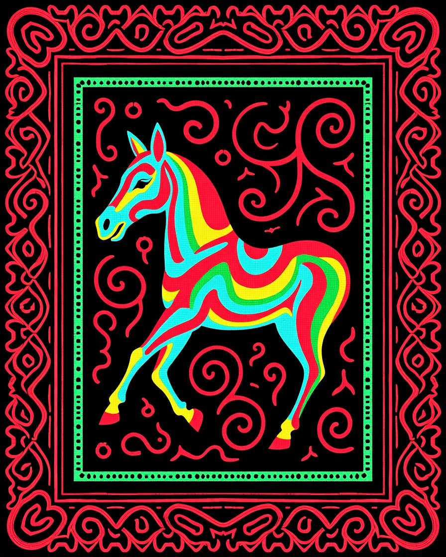 Colorful Horse Tribal Border Rug