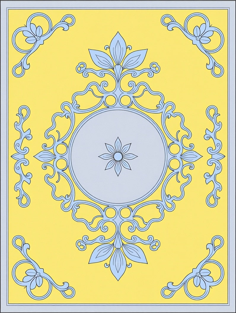 Light Blue Floral Scroll Yellow Medallion Rug