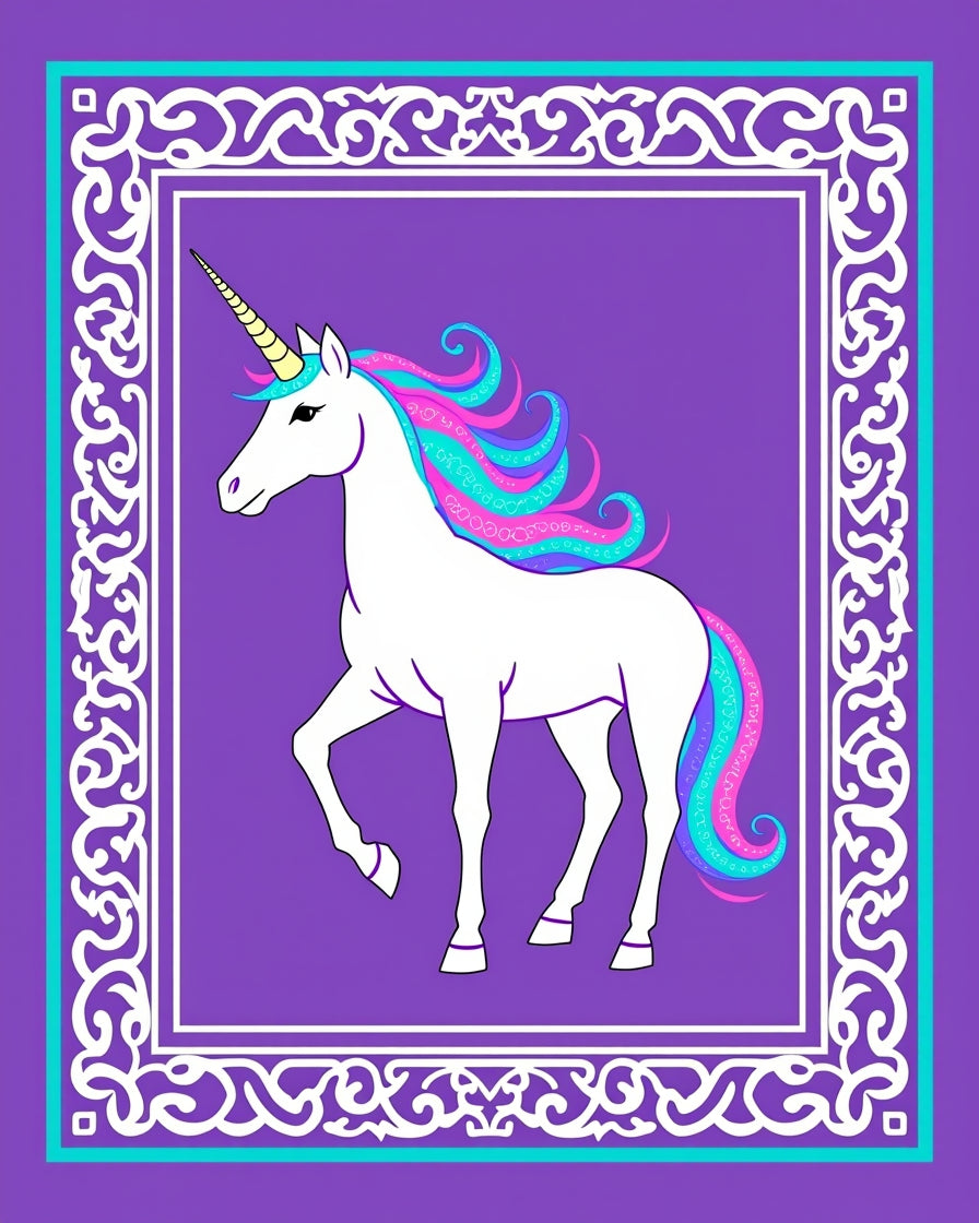 Whimsical Unicorn Rainbow Mane Filigree Border Rug