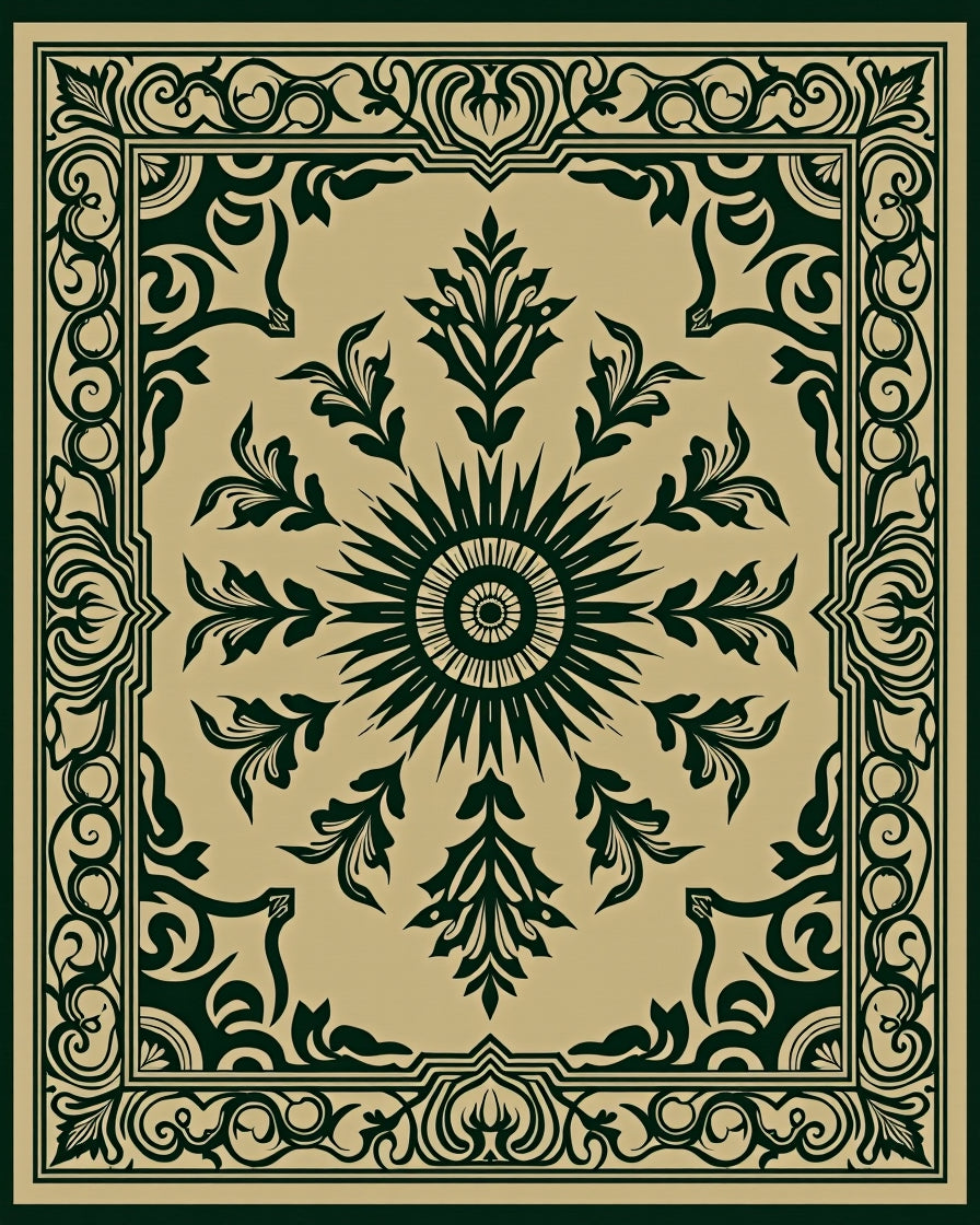 Dark Green Sunburst Floral Scroll Rug