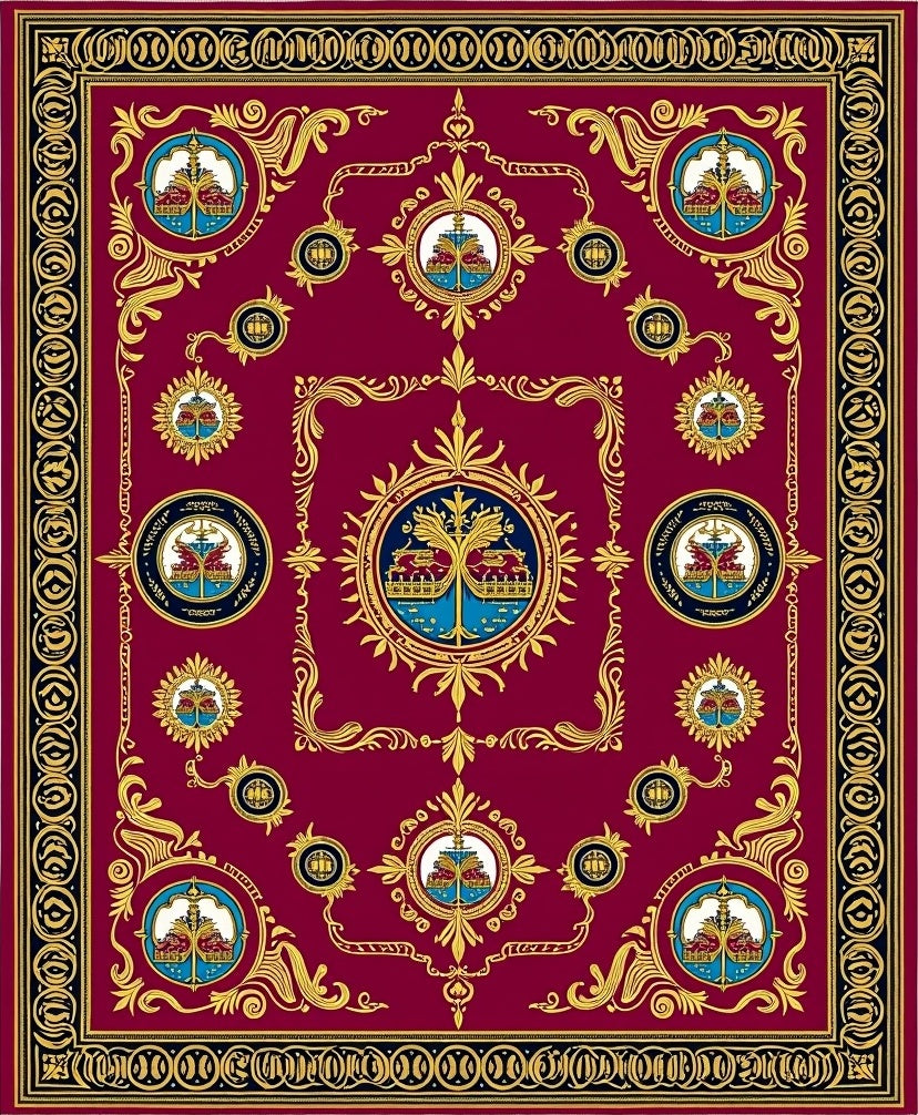Regal Burgundy Gold Crest Medallion Rug