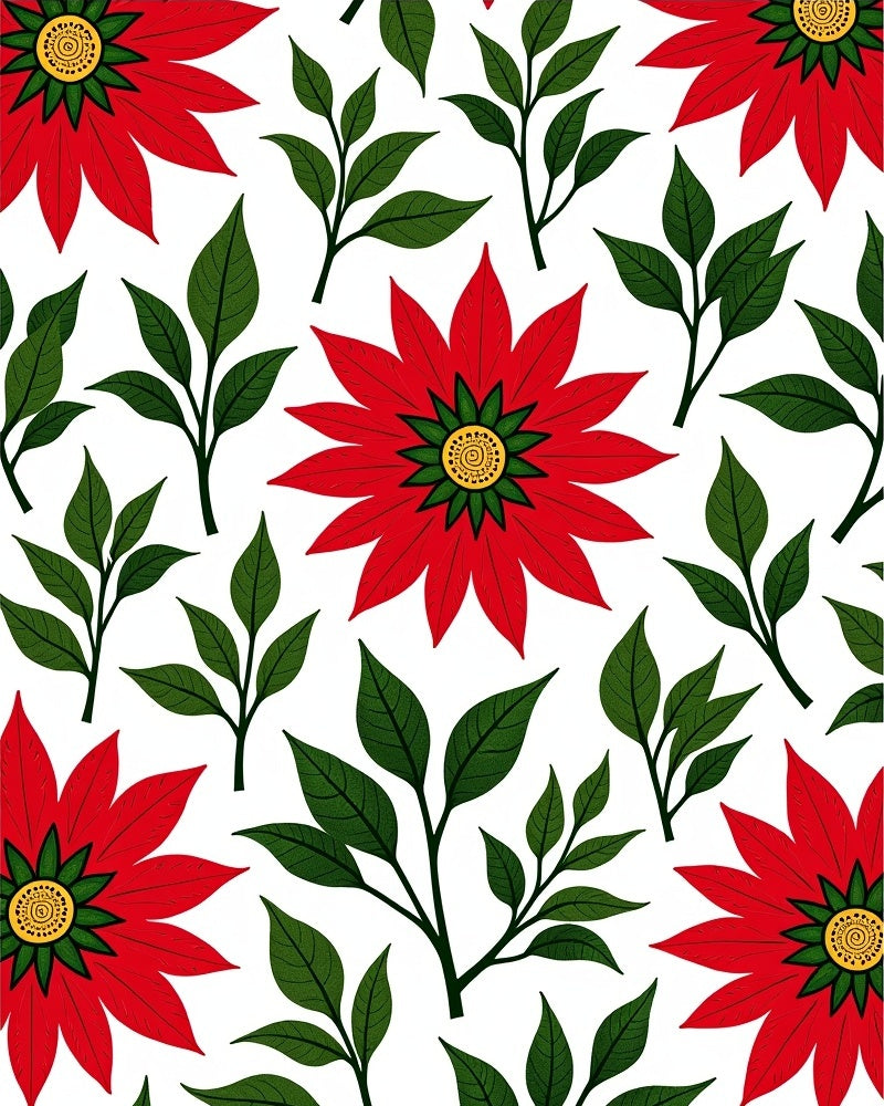 Red Poinsettia Green Leaf Garland Rug