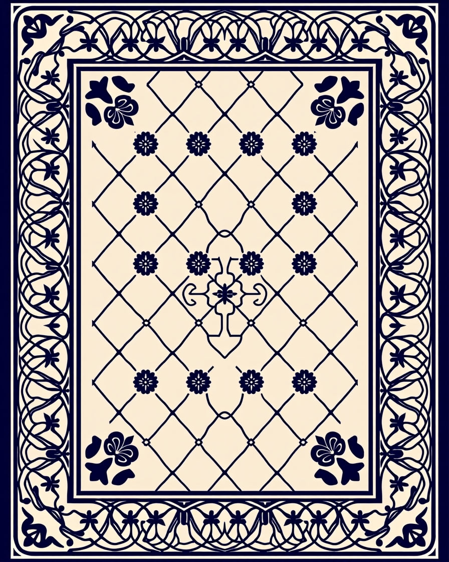 Navy Blue Floral Lattice Vine Border Rug