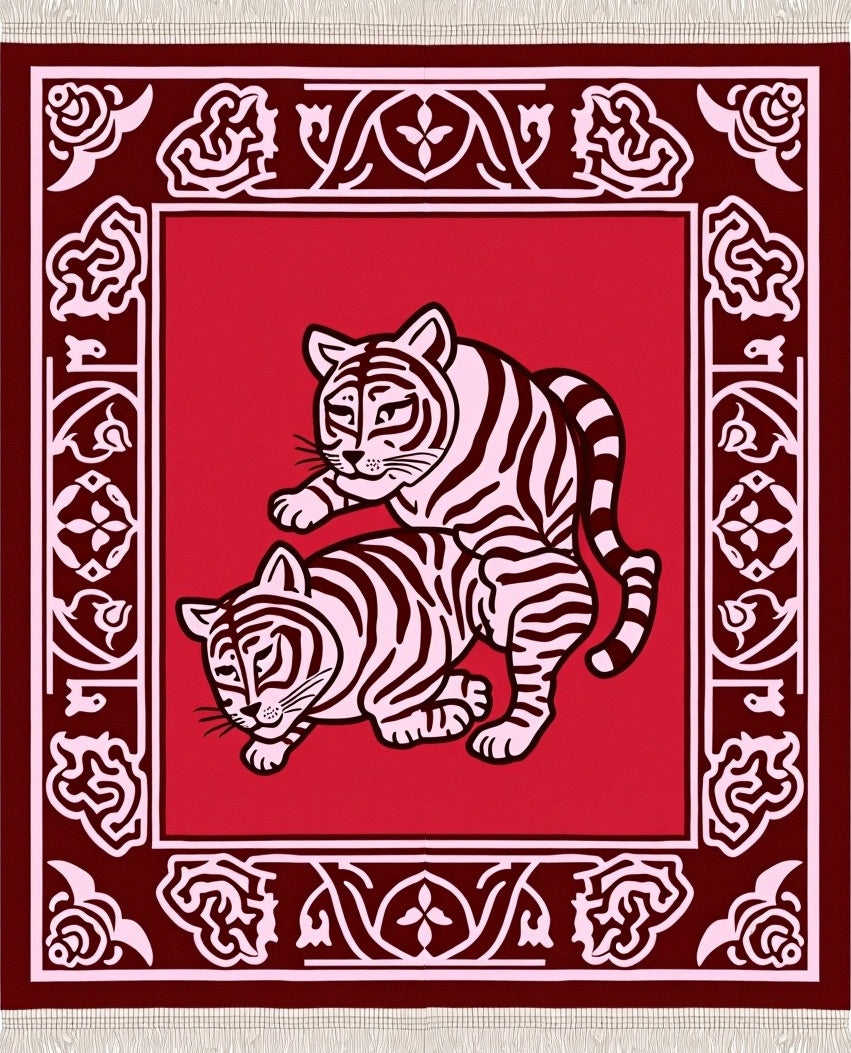 Crimson Tigers in Ornate Border Rug