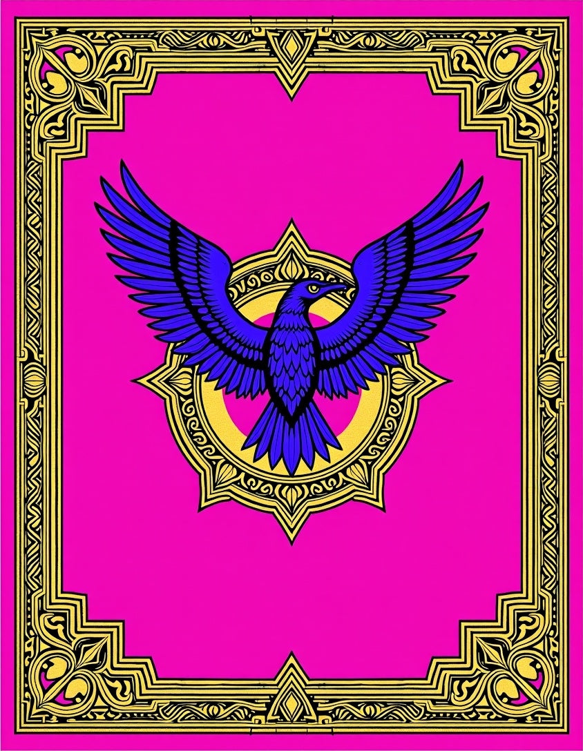 Vibrant Blue Bird Golden Frame Rug