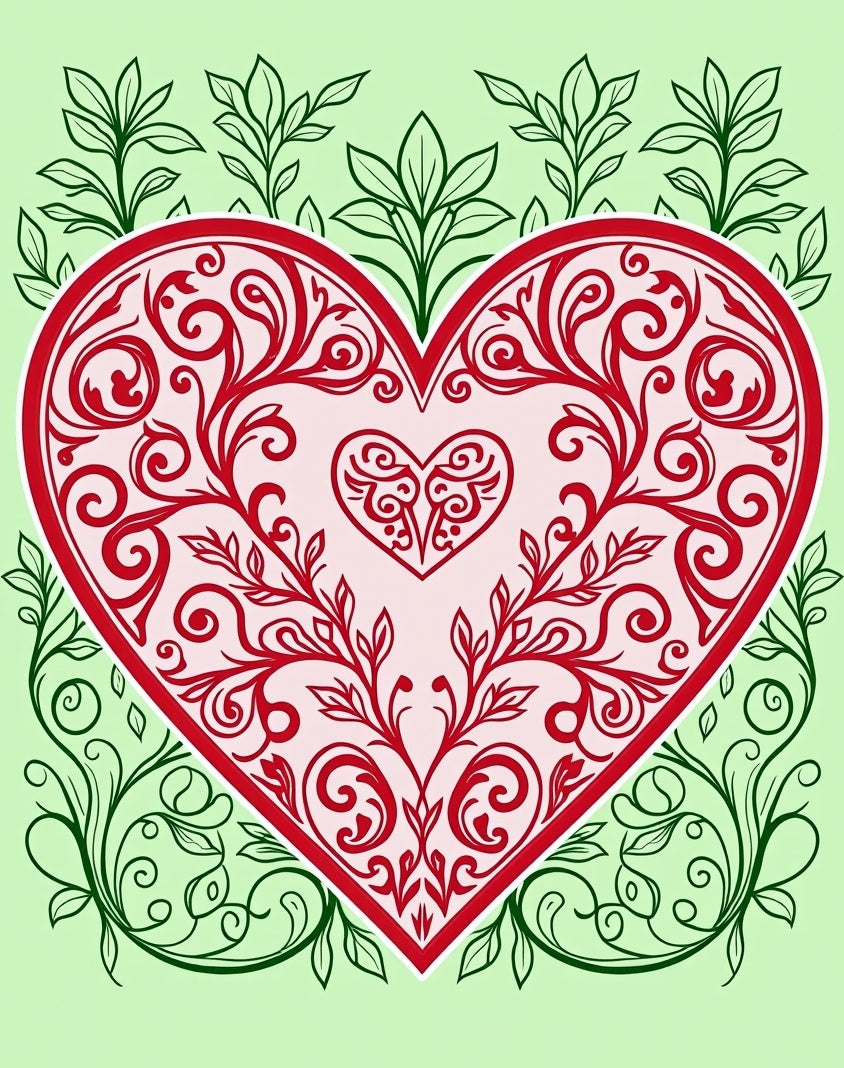 Red Floral Heart Swirls with Green Vines Rug