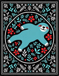 Whimsical Teal Sloth Floral Frame Rug