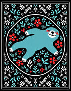 Whimsical Teal Sloth Floral Frame Rug