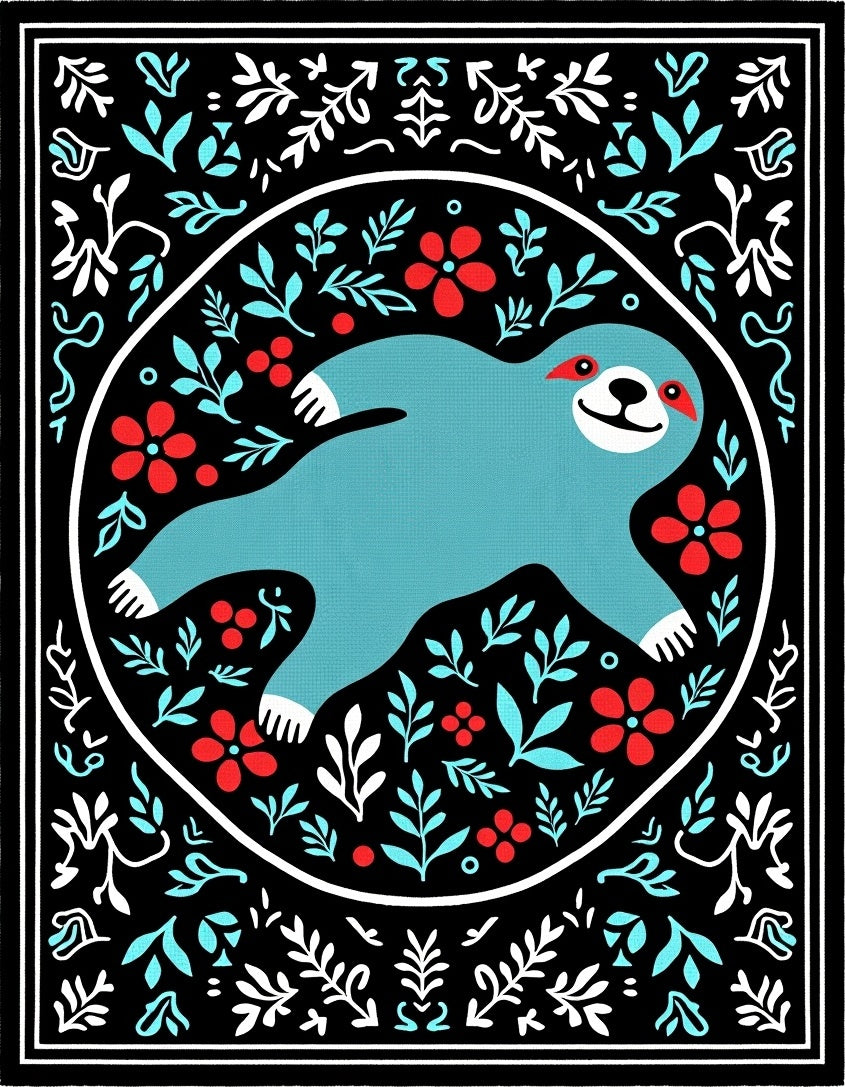 Whimsical Teal Sloth Floral Frame Rug