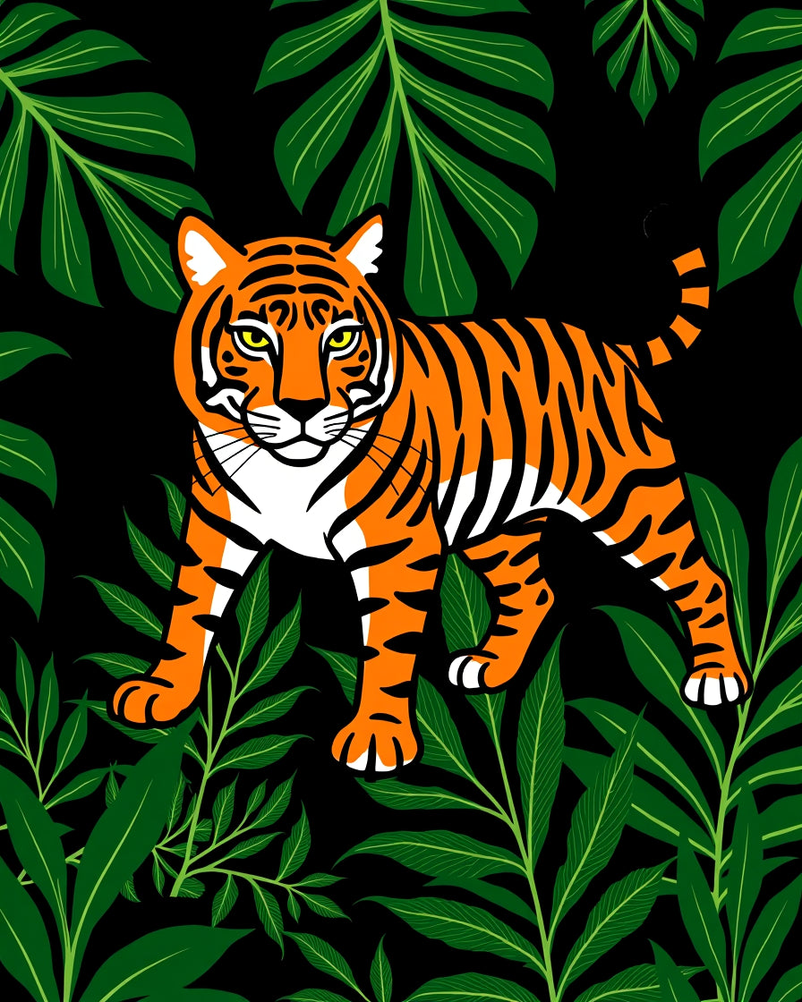 Vibrant Orange Tiger Jungle Foliage Rug