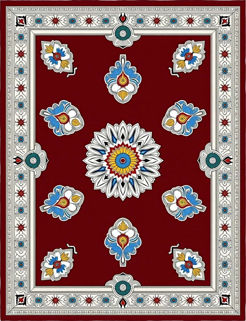 Crimson White Blue Floral Medallion Rug