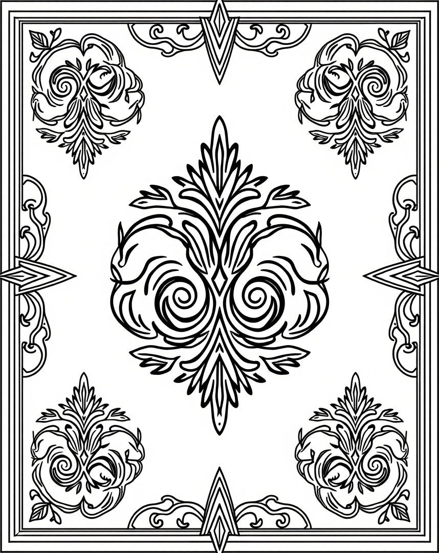 Black White Ornate Floral Crest Rug