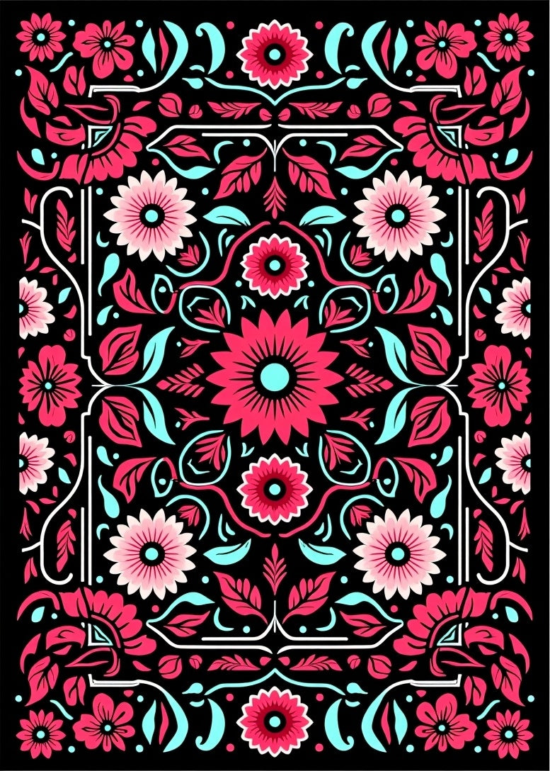 Vibrant Pink Aqua Floral Frame Rug