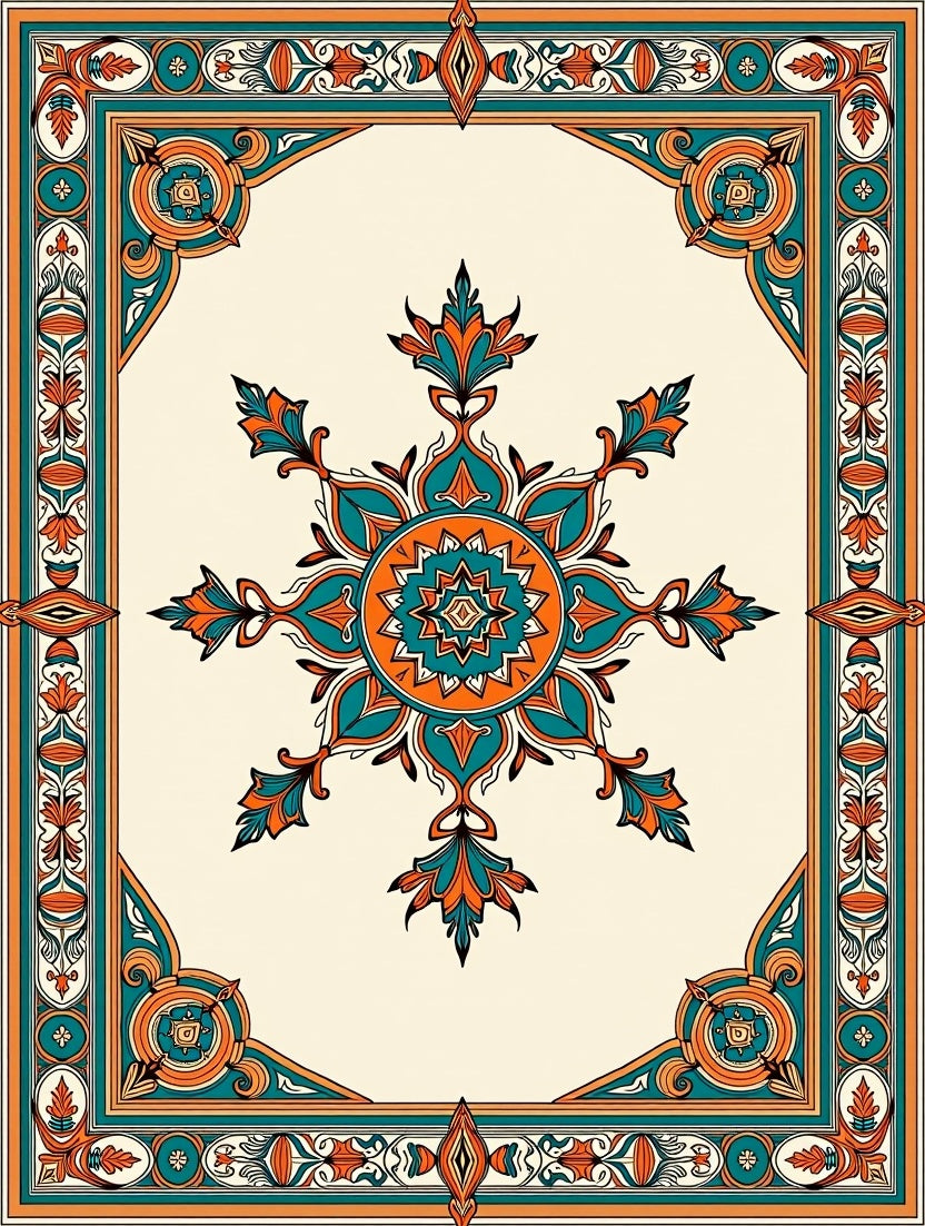 Teal Orange Floral Medallion Frame Rug