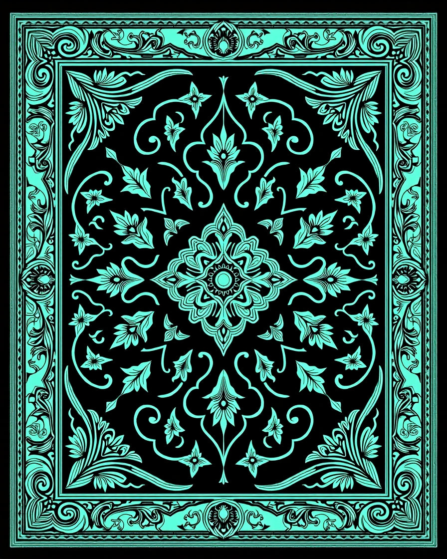 Aqua Black Vintage Floral Medallion Rug