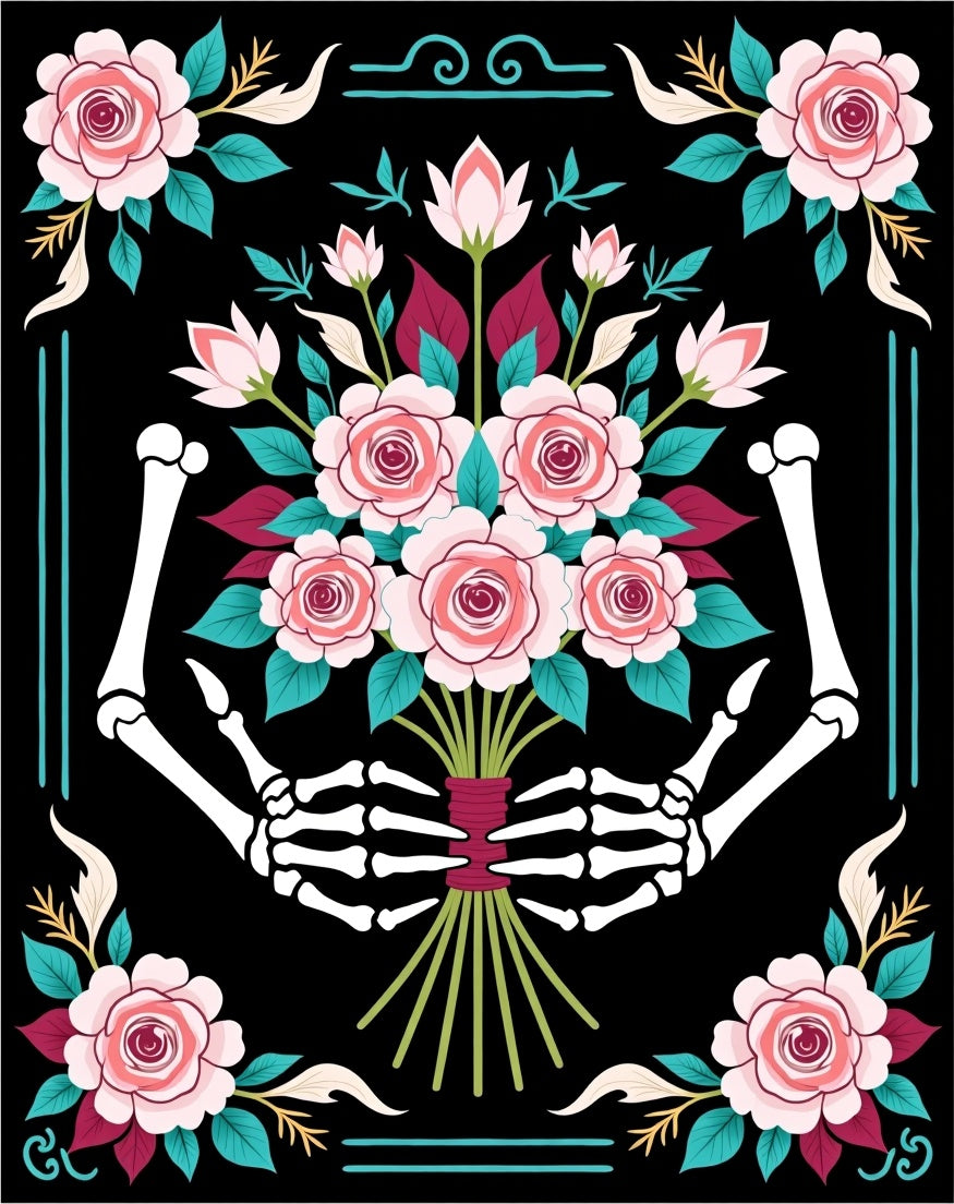 Skeleton Hands Holding Pink Roses Bouquet Rug