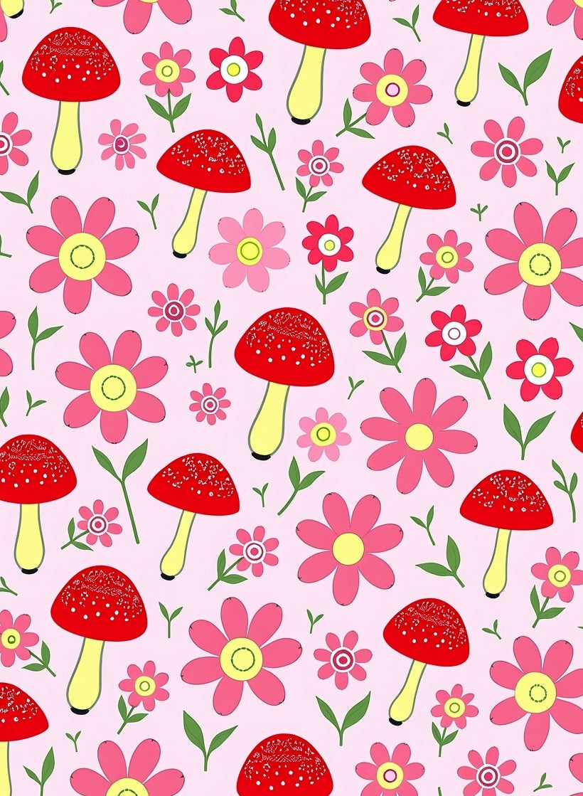 Whimsical Red Mushroom Pink Floral Field Rug