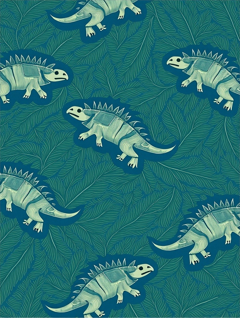 teal dinosaurs among green foliage Rug