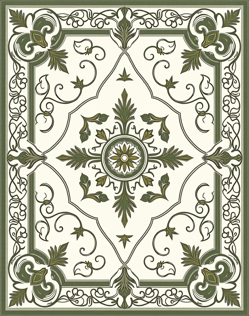 Antique Green Floral Medallion Border Rug