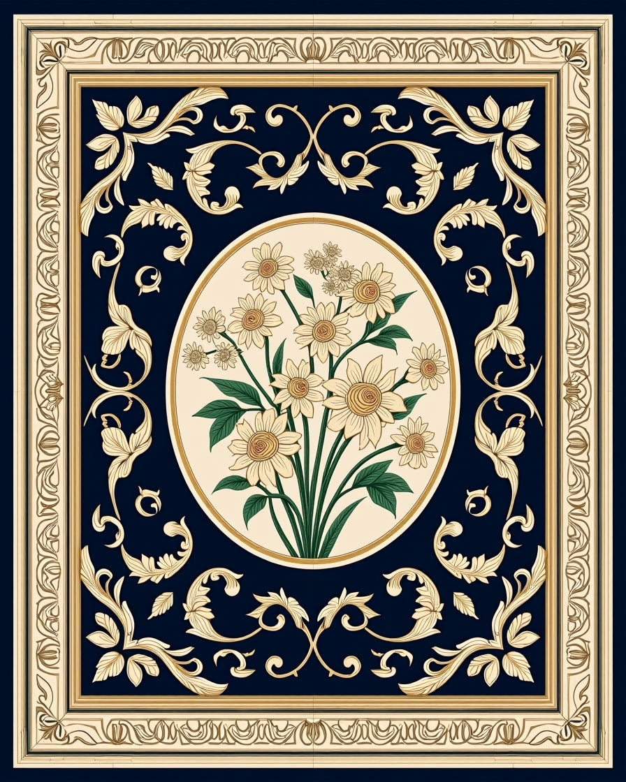 Navy Cream Floral Oval Medallion Rug