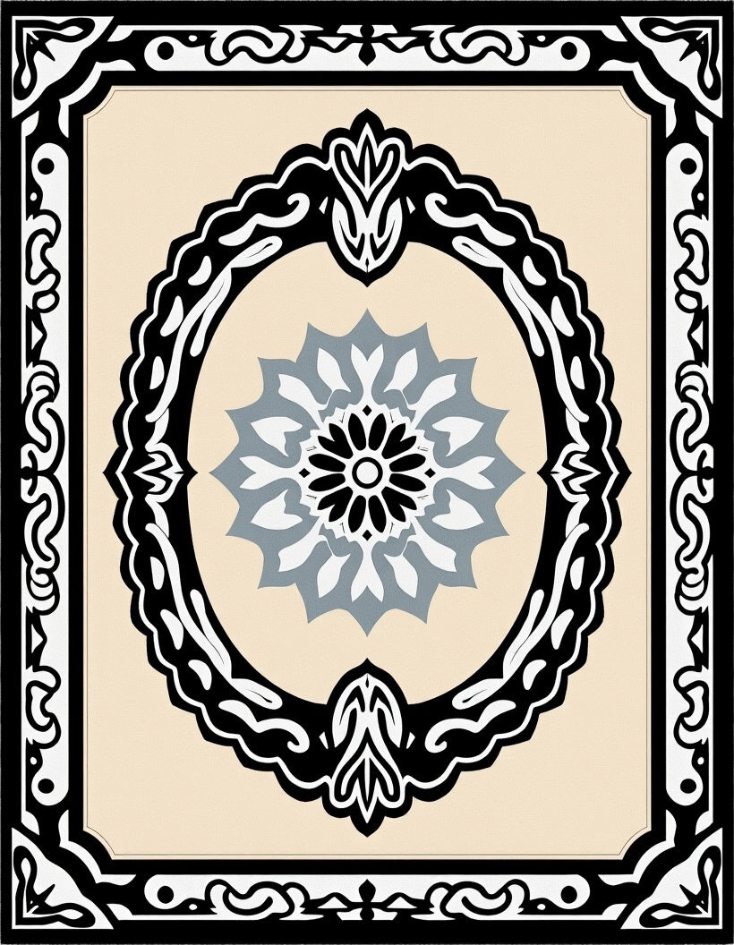 Black Oval Frame With Cream Medallion Rug